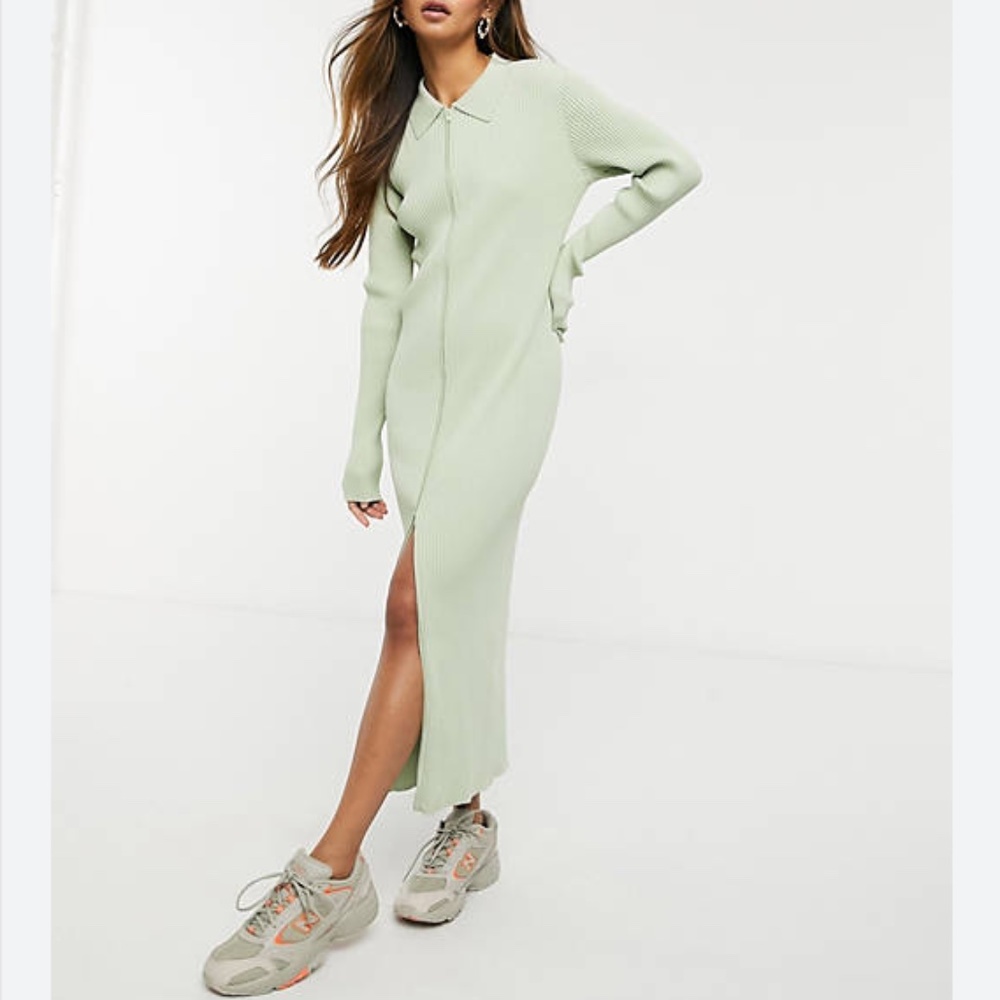 Weekday Collared Ribbed Midi Dress in Mint Green